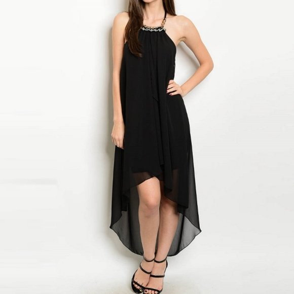 Dresses & Skirts - High Lo Tie Neck Embellished Halter Backless Dress